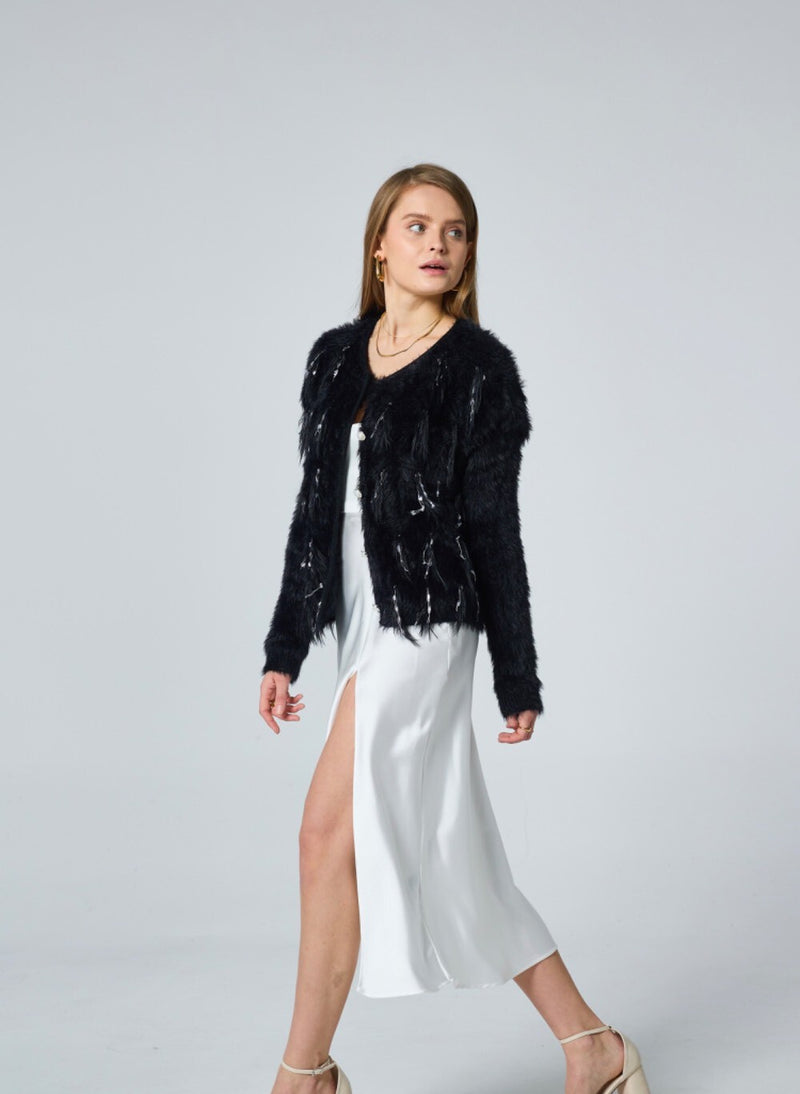 Serena Tassel & Pearl Button Knit Jacket - Black