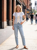 Tatum Bow Tie Crochet Vest - Blue & Cream