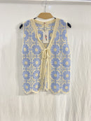 Tatum Bow Tie Crochet Vest - Blue & Cream