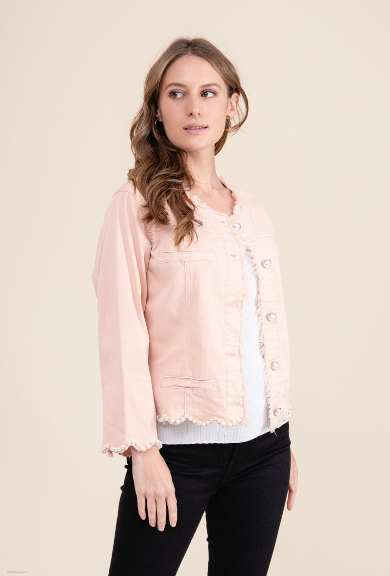 Zada Scallop Pearl Trim Denim Jacket Blush