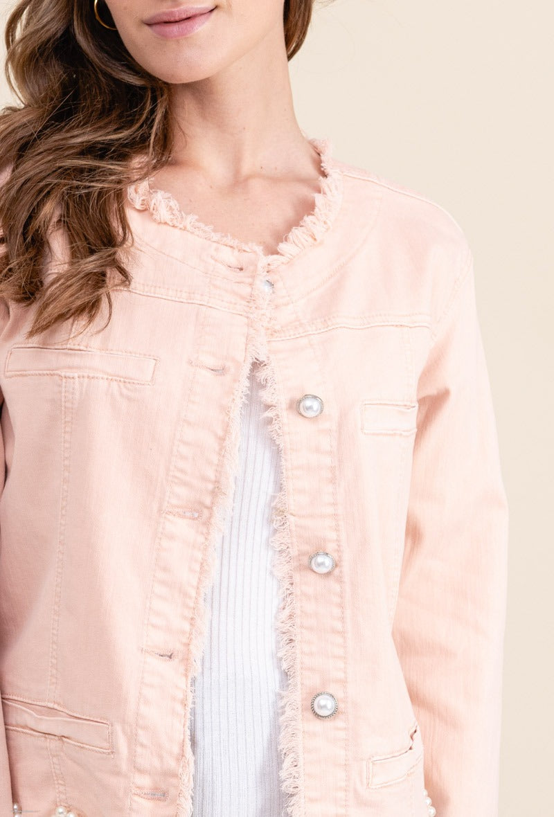 Zada Scallop Pearl Trim Denim Jacket Blush