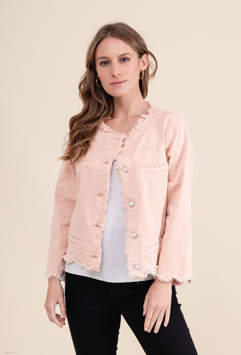 Zada Scallop Pearl Trim Denim Jacket Blush