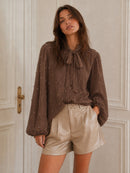 Zia Chiffon Pearl & Bow Shirt - Chocolate