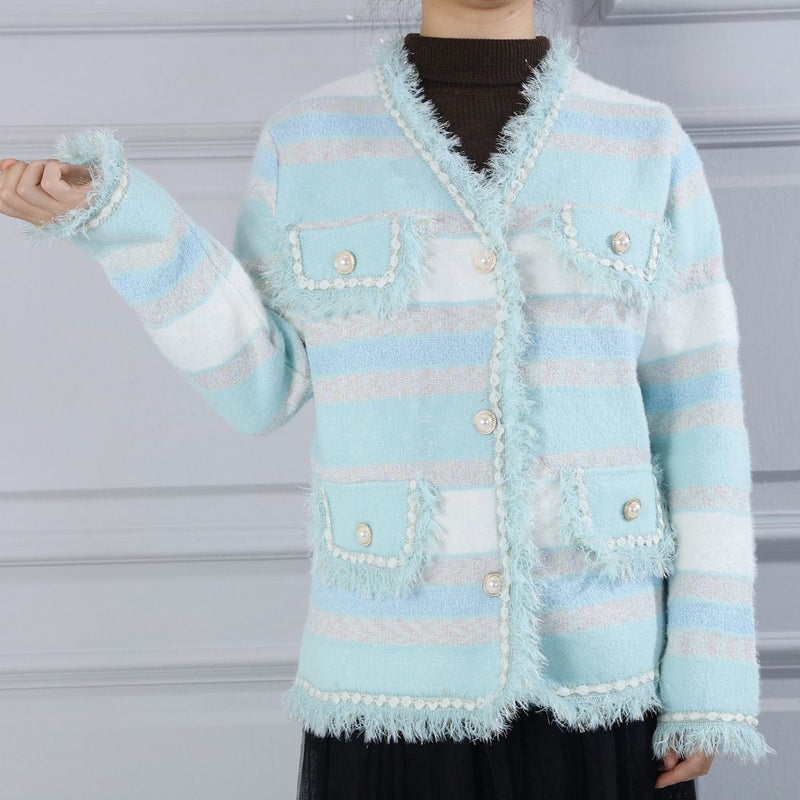 Bonnie Stripe Metallic Thread Knitted Jacket - Mint, Cream & Blue