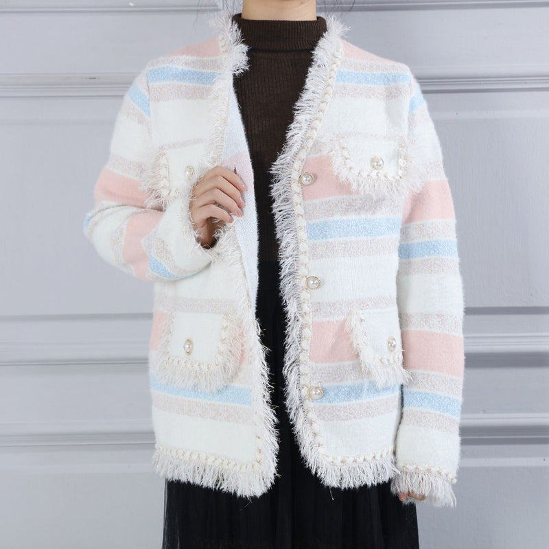 Bonnie Stripe Metallic Thread Knitted Jacket - Pink, Cream & Blue