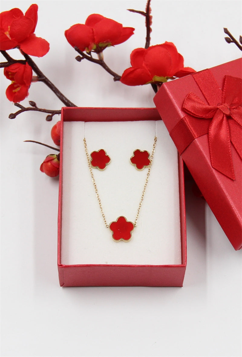 Brittney Enamel Necklace & Earring Set - Red