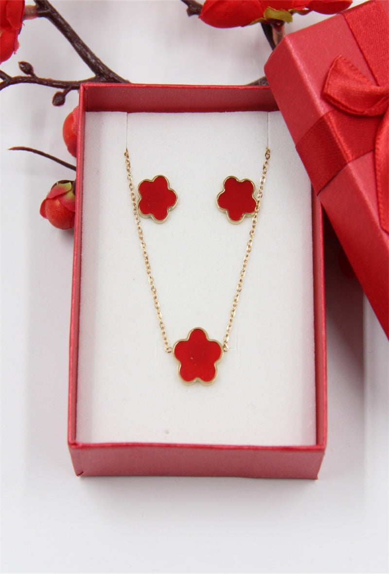 Brittney Enamel Necklace & Earring Set - Red