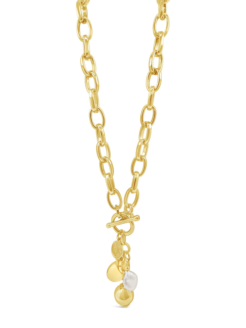 Absolute Chunky Chain T-Bar & Pearl Necklace Gold