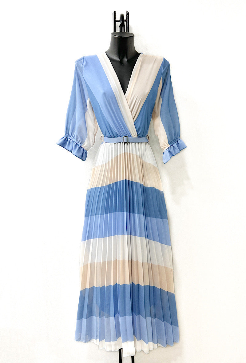Cara Belted Dress - Blue & Camel