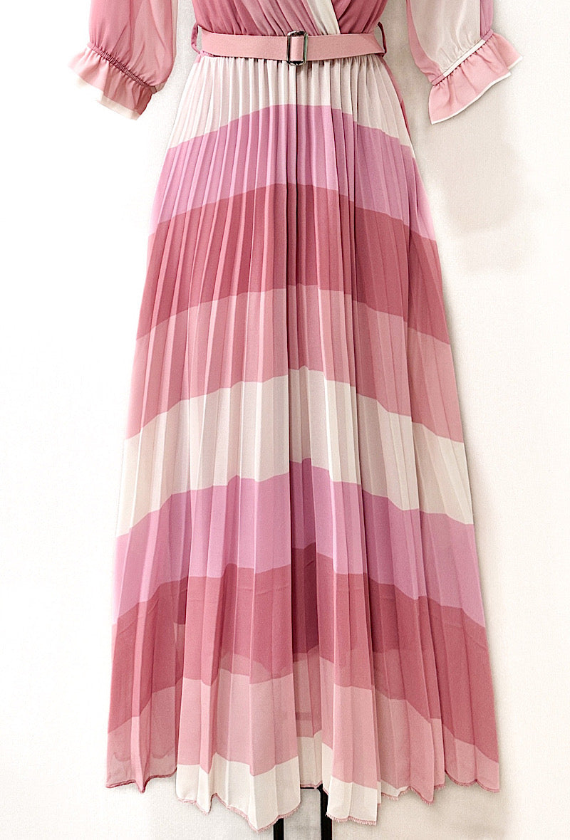 Cara Belted Dress - Pink & Cream