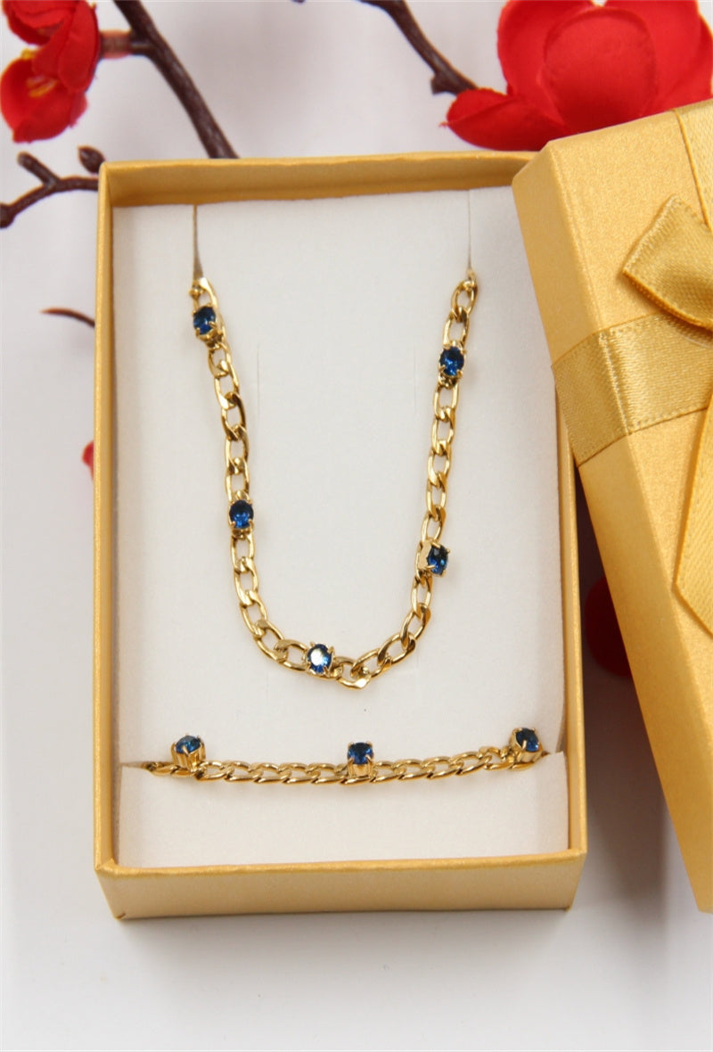 Drew Chain & Crystal Necklace & Earring Set - Blue