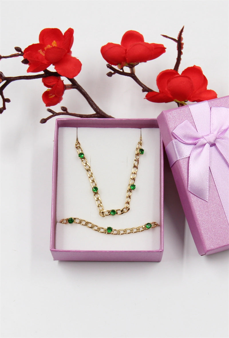 Drew Chain & Crystal Necklace & Earring Set - Emerald