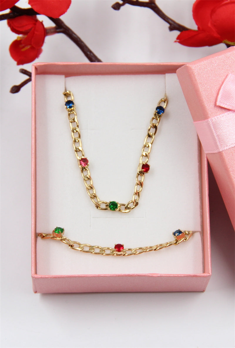 Drew Chain & Crystal Necklace & Earring Set - Rainbow