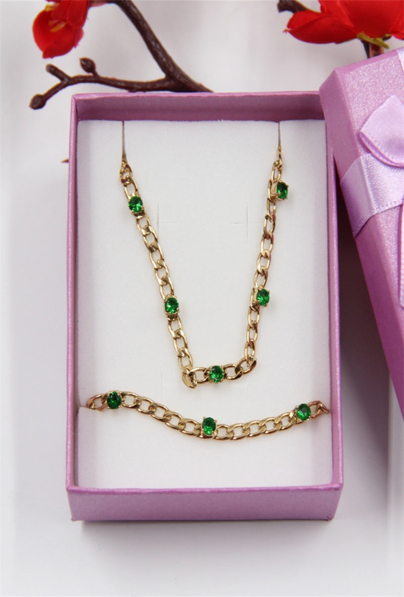 Drew Chain & Crystal Necklace & Earring Set - Emerald