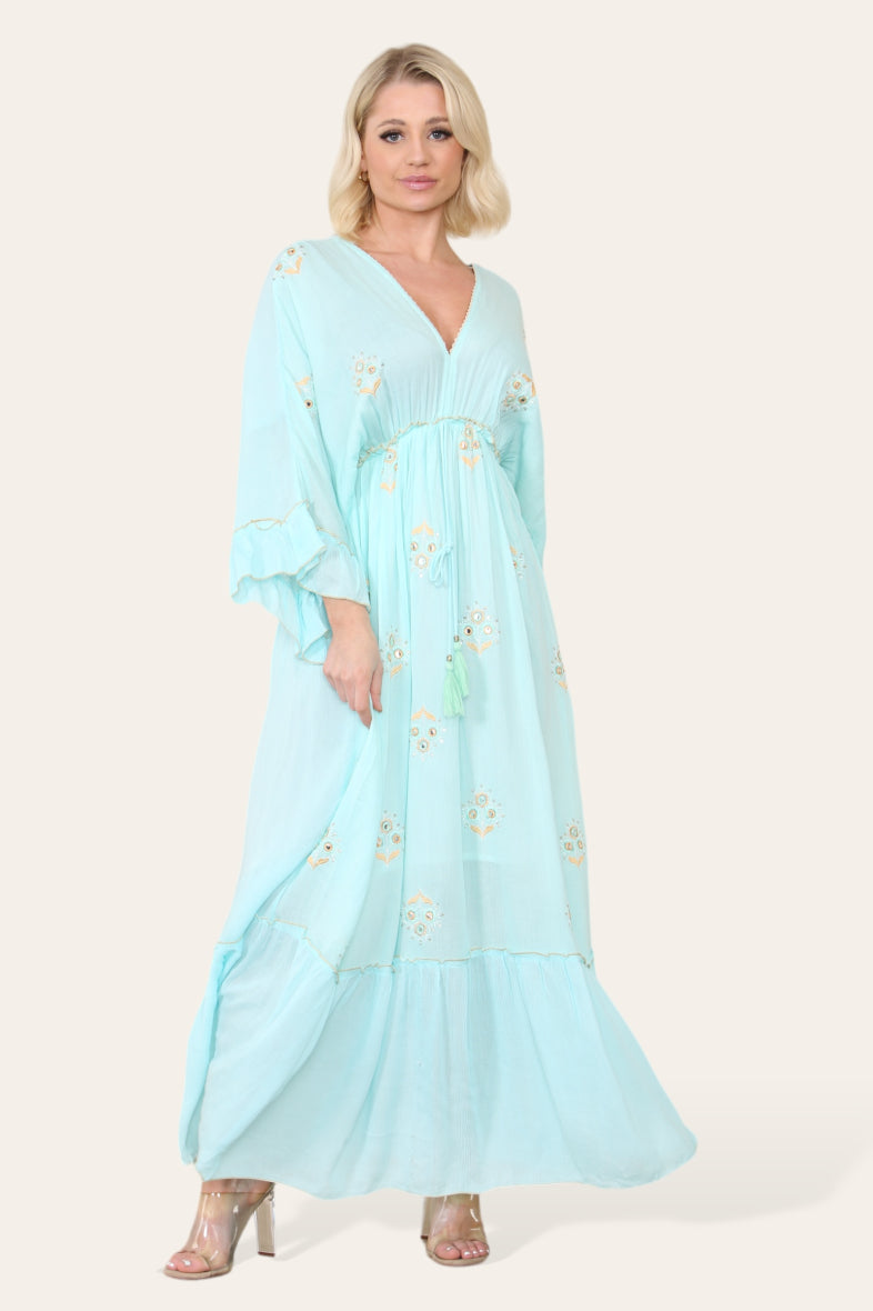 Erin Kimono Sleeve Floral Sequin Maxi Dress - Sky Blue