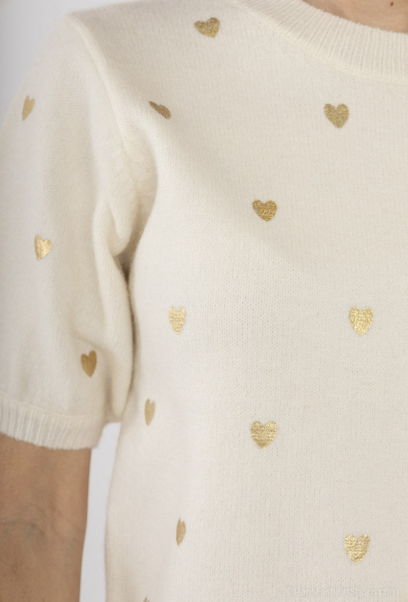 Graciela Metallic Heart Knit - Cream & Gold