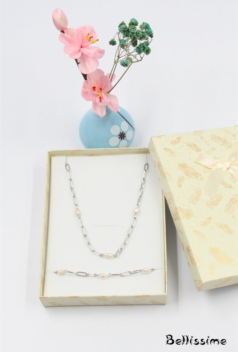 Imogen Pearl Necklace & Bracelet Set - Silver