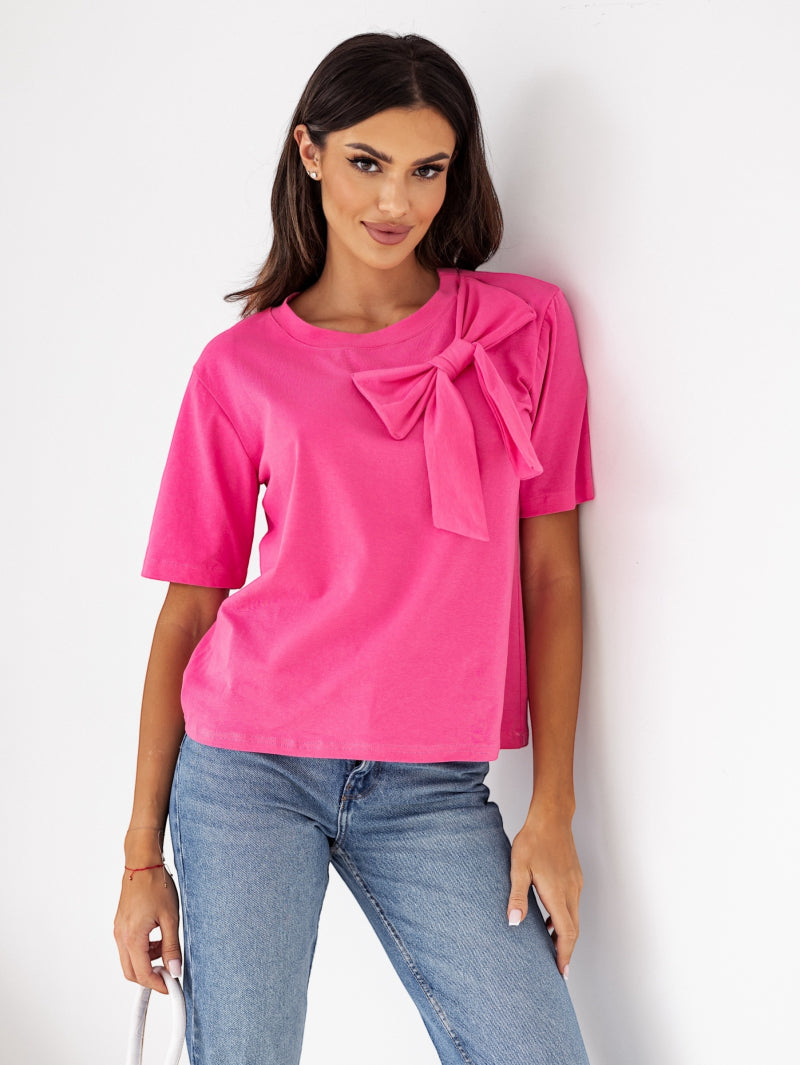 Izzy Cotton Bow Tee - Hot Pink