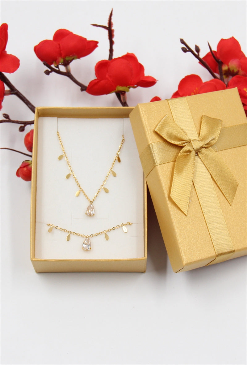 Jade Teardrop Necklace & Bracelet Set - Gold