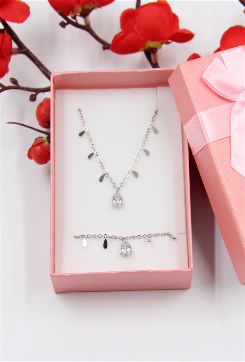Jade Teardrop Necklace & Bracelet Set - Silver