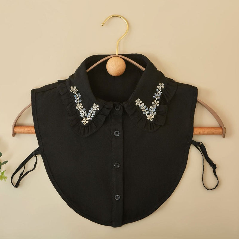 Lina Floral Crystal & Bead Shirt Collar - Black