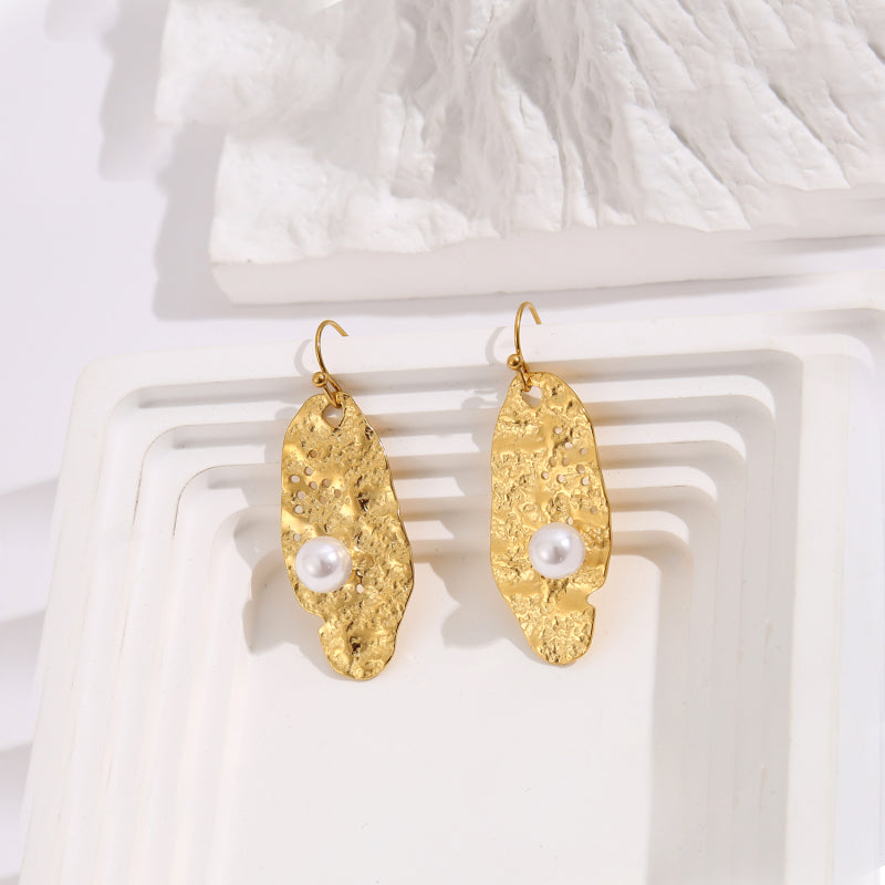 Athena Brushed Leaf & Pearl Drop Earrings