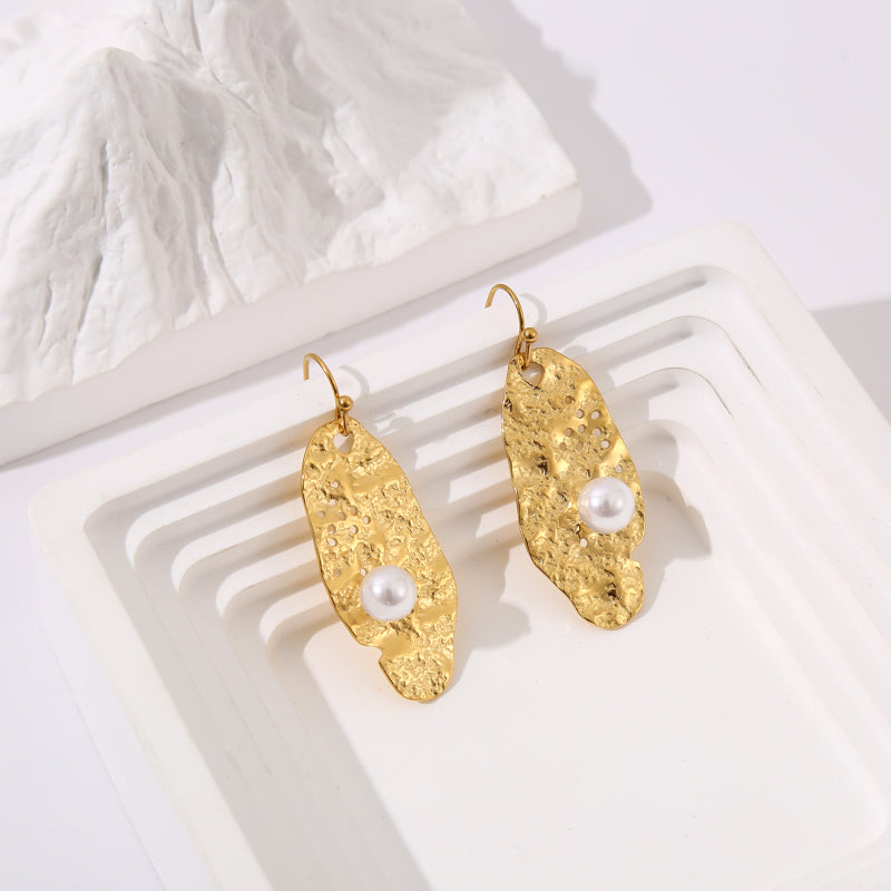 Athena Brushed Leaf & Pearl Drop Earrings