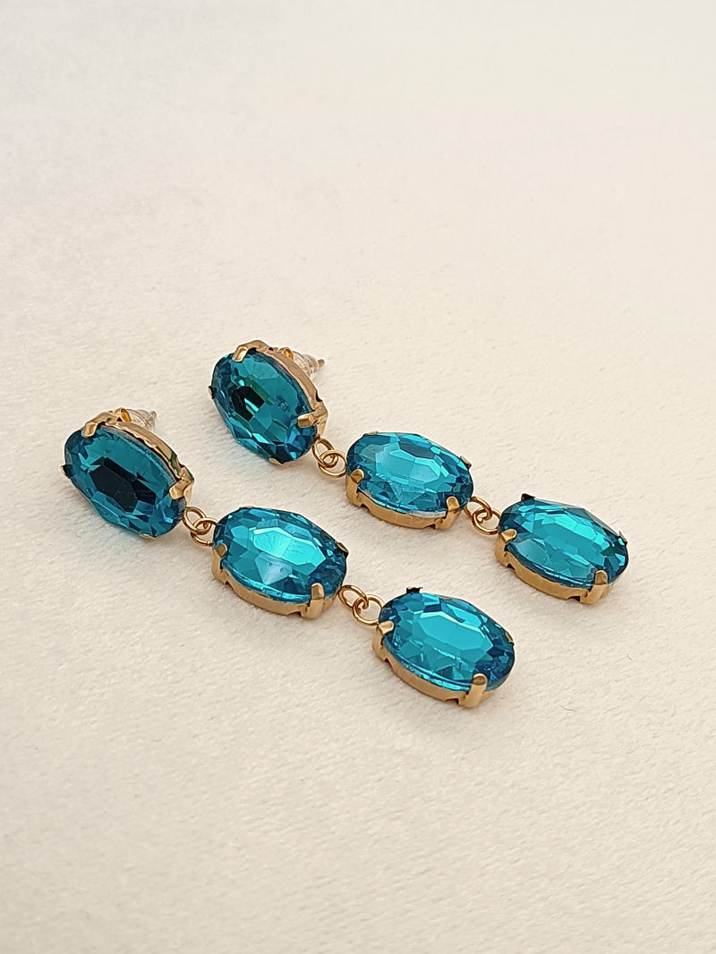 Mimi Oval Crystal Drop Earrings - Aqua