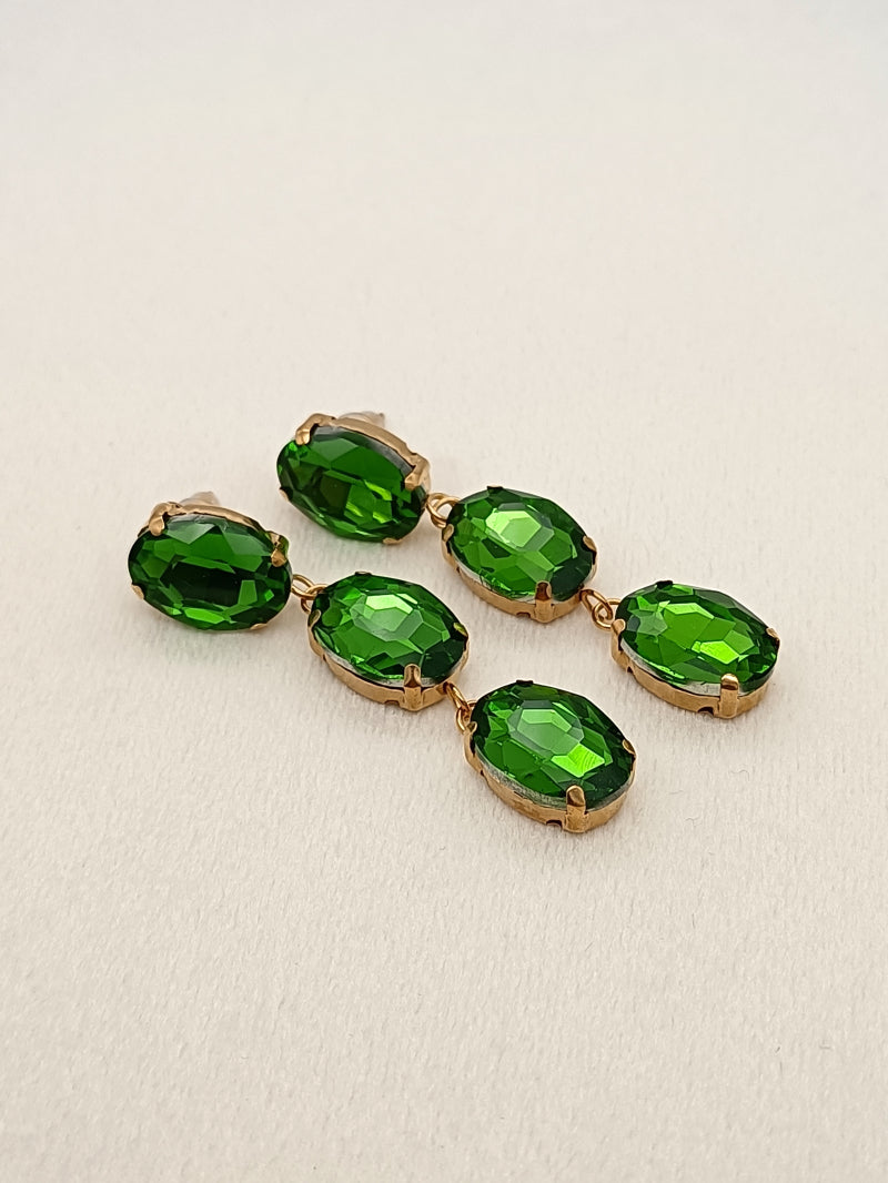 Mimi Oval Crystal Drop Earrings - Olive Green