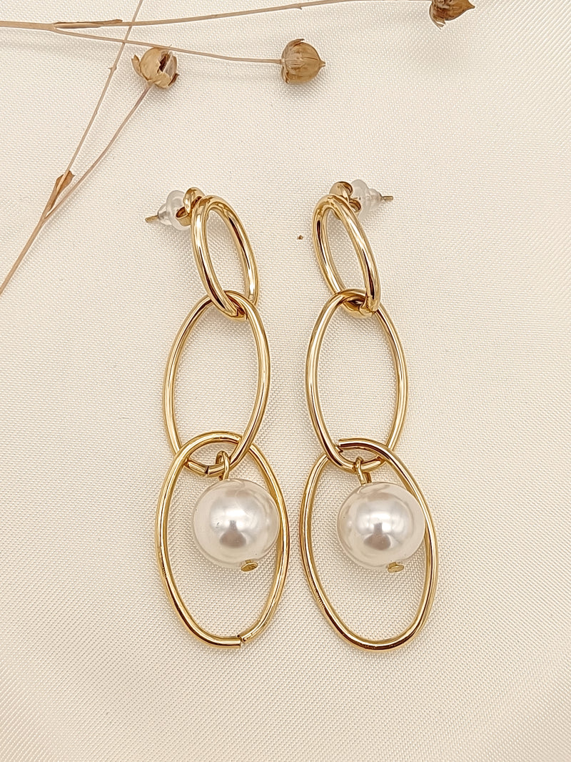 Laurine Triple Oval & Pearl Drop Earring - Gold