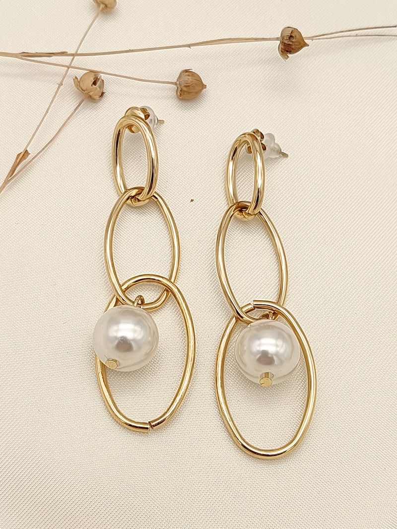 Laurine Triple Oval & Pearl Drop Earring - Gold