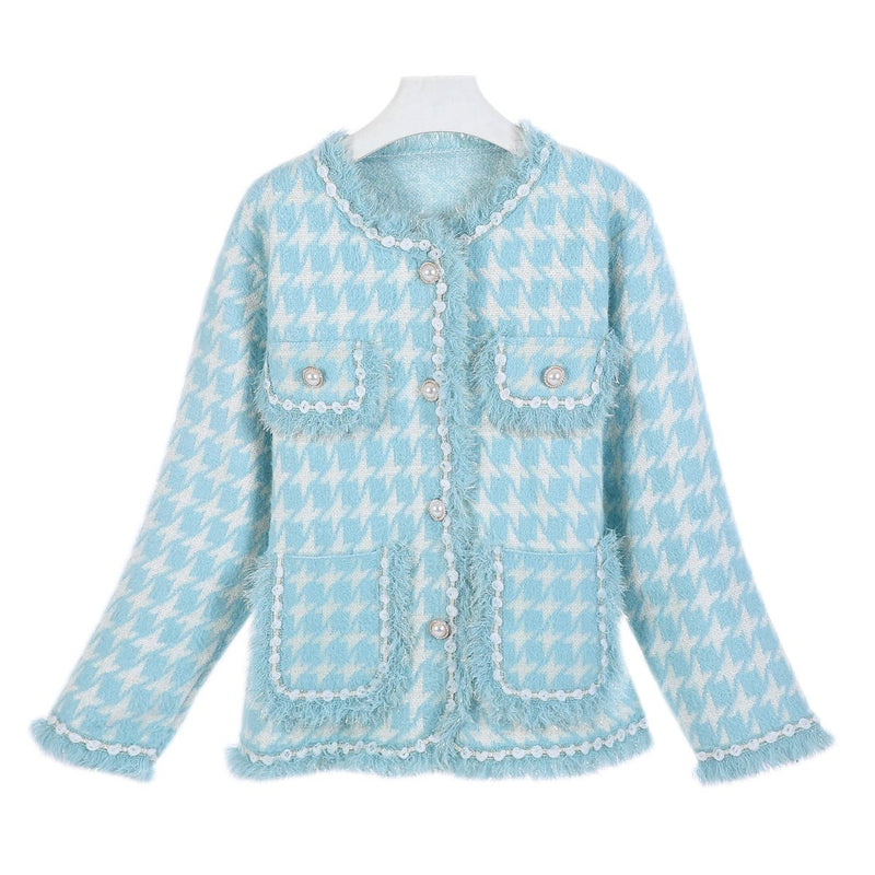 Meira Houndstooth Tweed Knitted Jacket  - Powder Blue