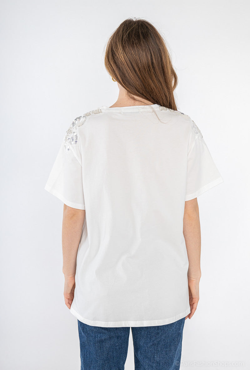 Nancy Sequin & Applique Cotton T-Shirt - White