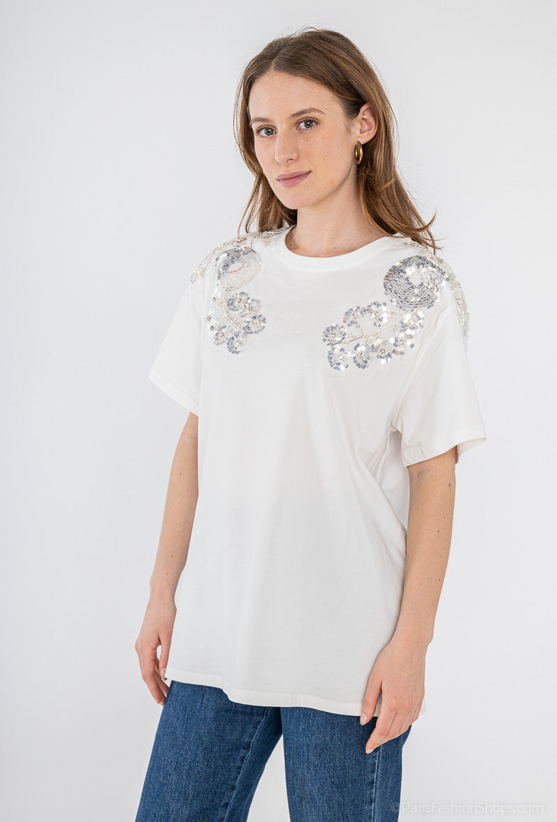 Nancy Sequin & Applique Cotton T-Shirt - White