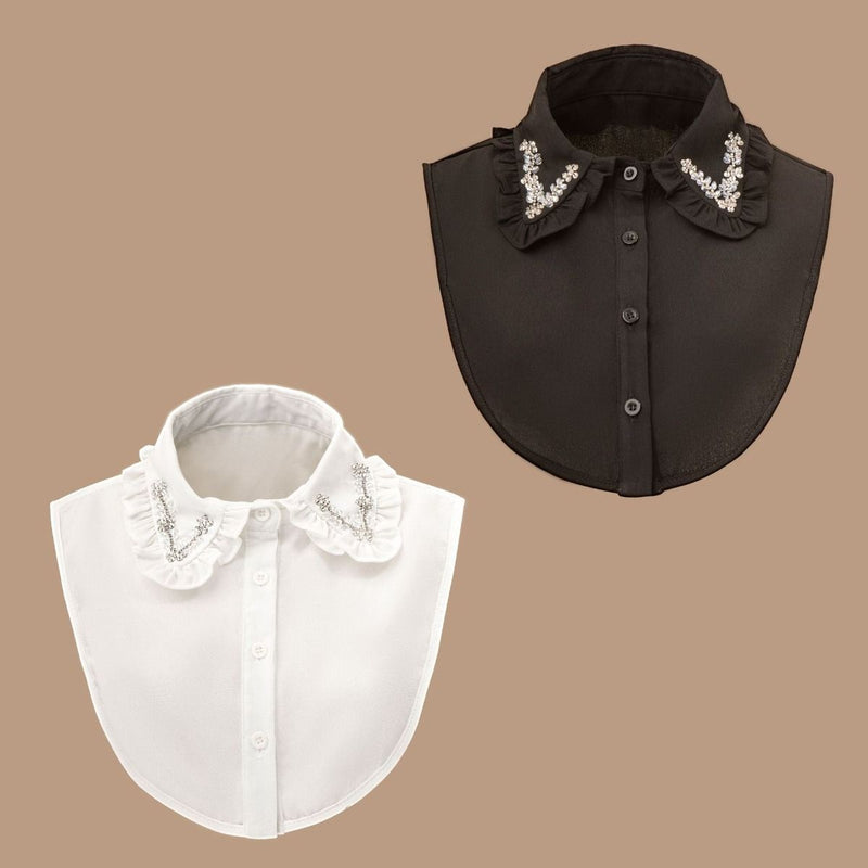 Lina Floral Crystal & Bead Shirt Collar - Black