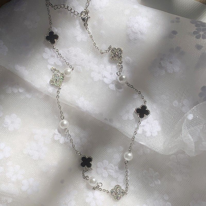 Mimi Petal & Pearl Fine Necklace - Silver & Black