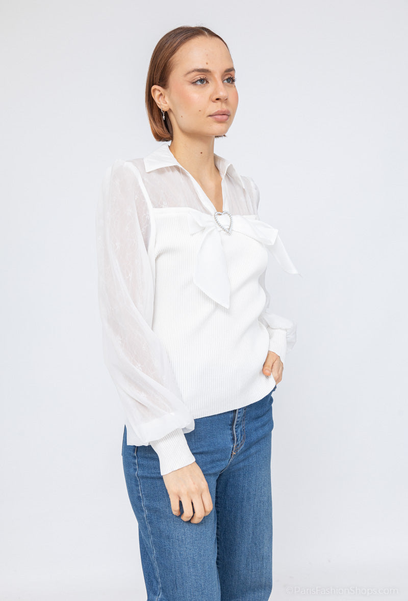 Rachella Bow Knit With Shirt Sleeve - White