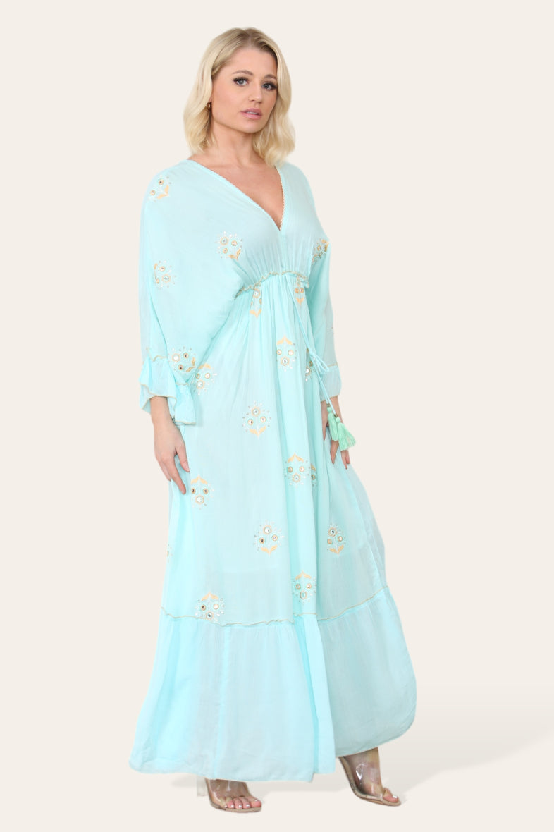 Erin Kimono Sleeve Floral Sequin Maxi Dress - Sky Blue