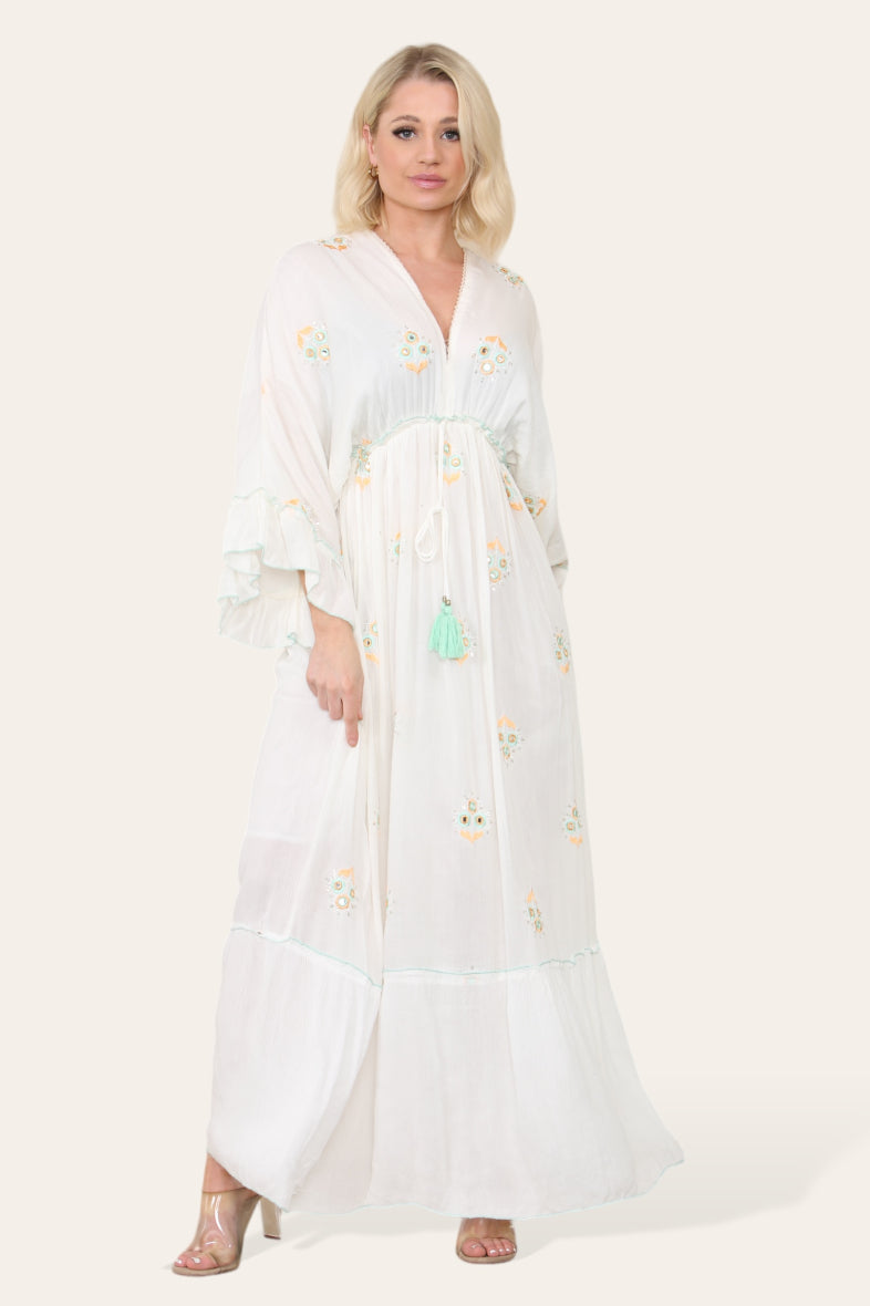 Erin Kimono Sleeve Floral Sequin Maxi Dress - White
