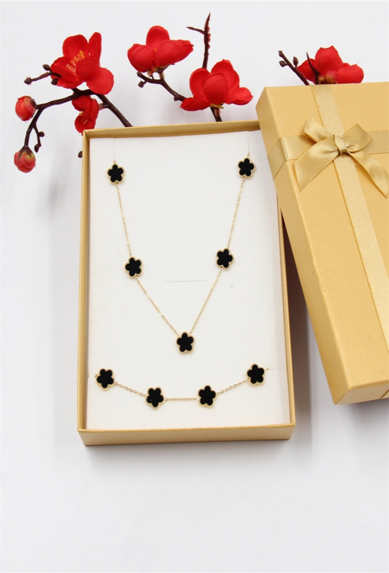 Trefle Necklace & Bracelet Set - Black
