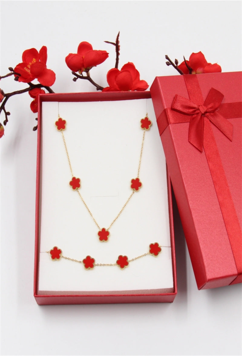 Trefle Necklace & Bracelet Set - Red