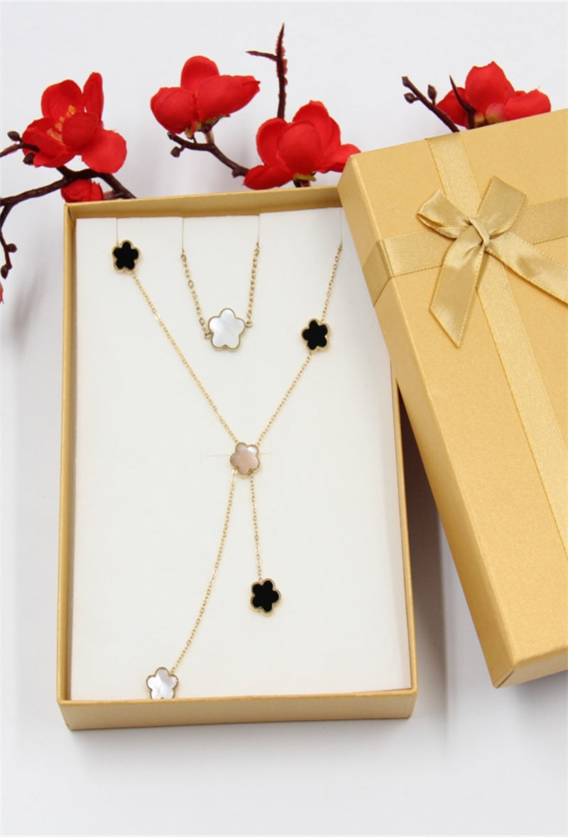 Velvit Drop Necklace  & Bracelet Set - Black & Mother Of Pearl