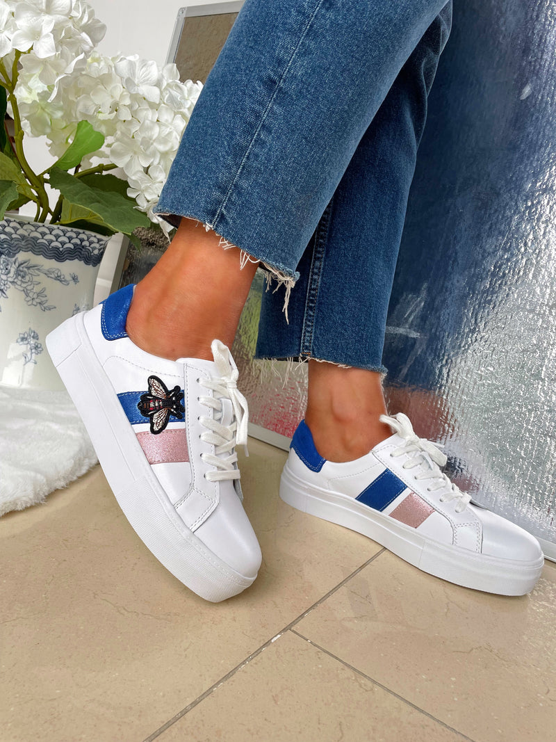 Redz Leather White Trainer With Blue & Pink Stripe T8-100