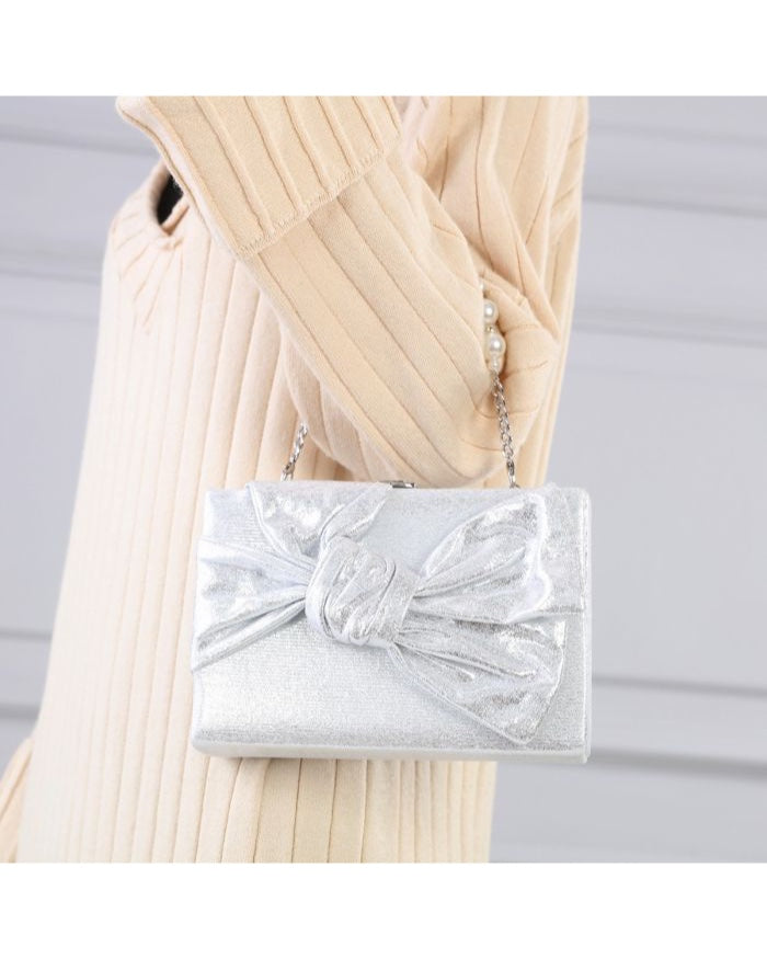 Megan Bow Clutch with Pearl Handle Silver