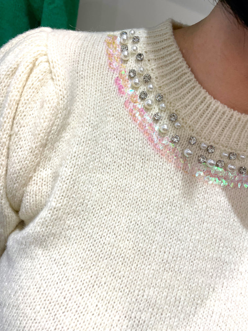 Bennet Pearl & Sequin Embellished Fitted Knit Jumper - Cream