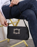 Elsa Diamante Brooch Satin Clutch Bag - Black