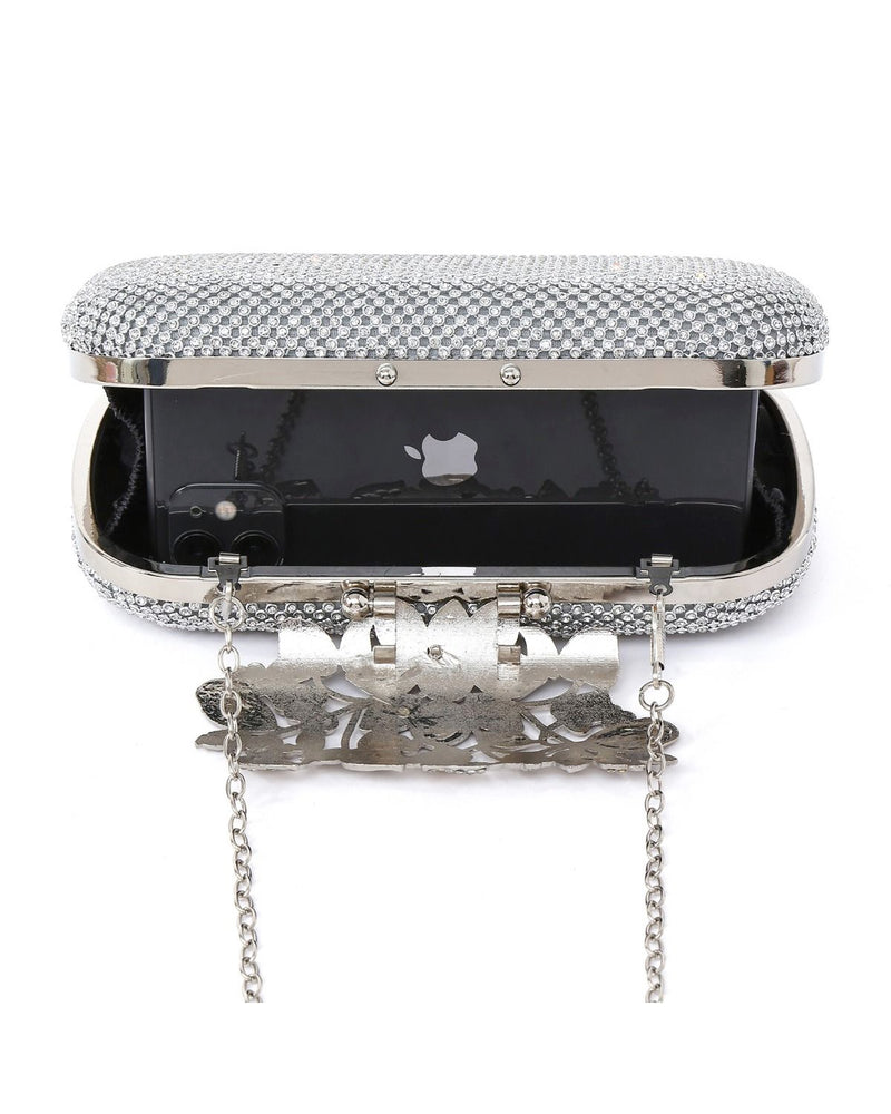 Sophia Vintage Embellished Clutch Bag With Floral Diamante Clasp - Silver