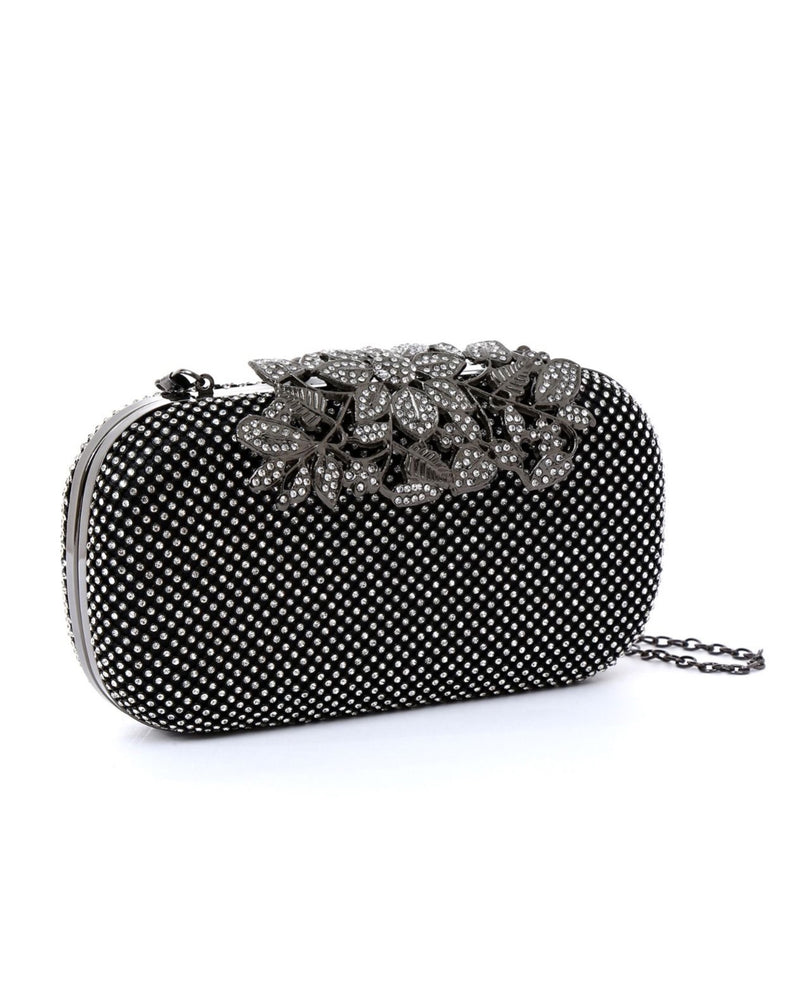 Sophia Vintage Embellished Clutch Bag With Floral Diamante Clasp - Black