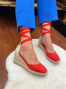 XTI Lace Up Espadrille 141094 Rojo Wedge Sandal - Red