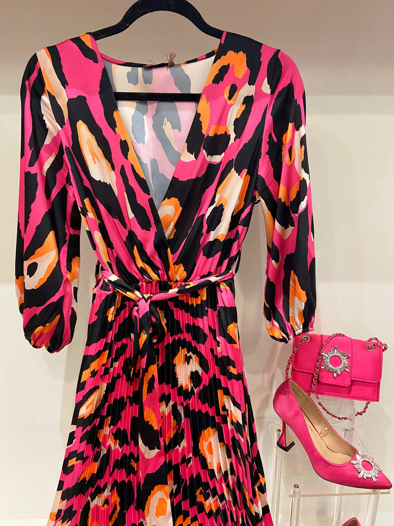 Lise Animal Print Pleated Dress - Hot Pink
